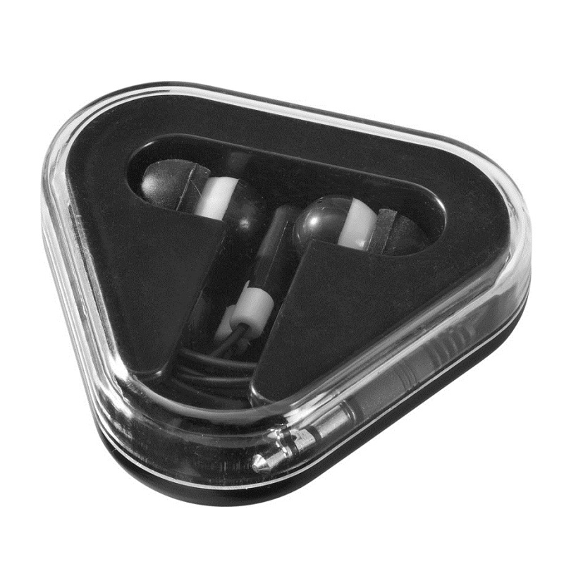 black and white earbuds in triangle shaped case