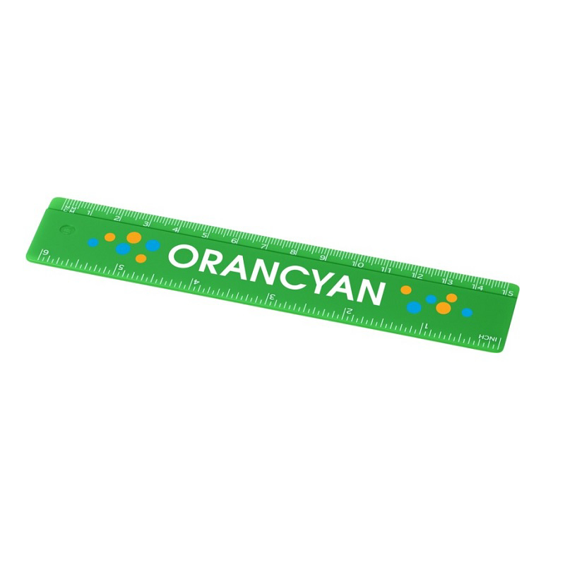 6 inch green ruler with a logo printed on the front