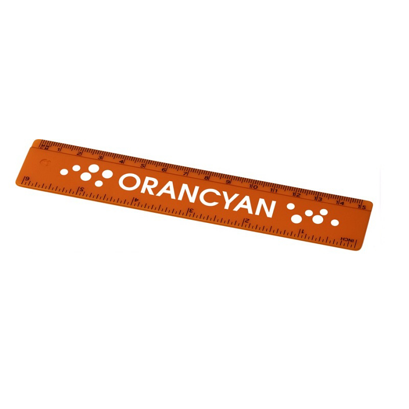 15cm orange ruler branded with a company logo to the front
