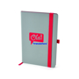 A5 grey PU ashurst notebook with red coloured edge paper, elastic pen loop and closure strap and 2 colour print logo