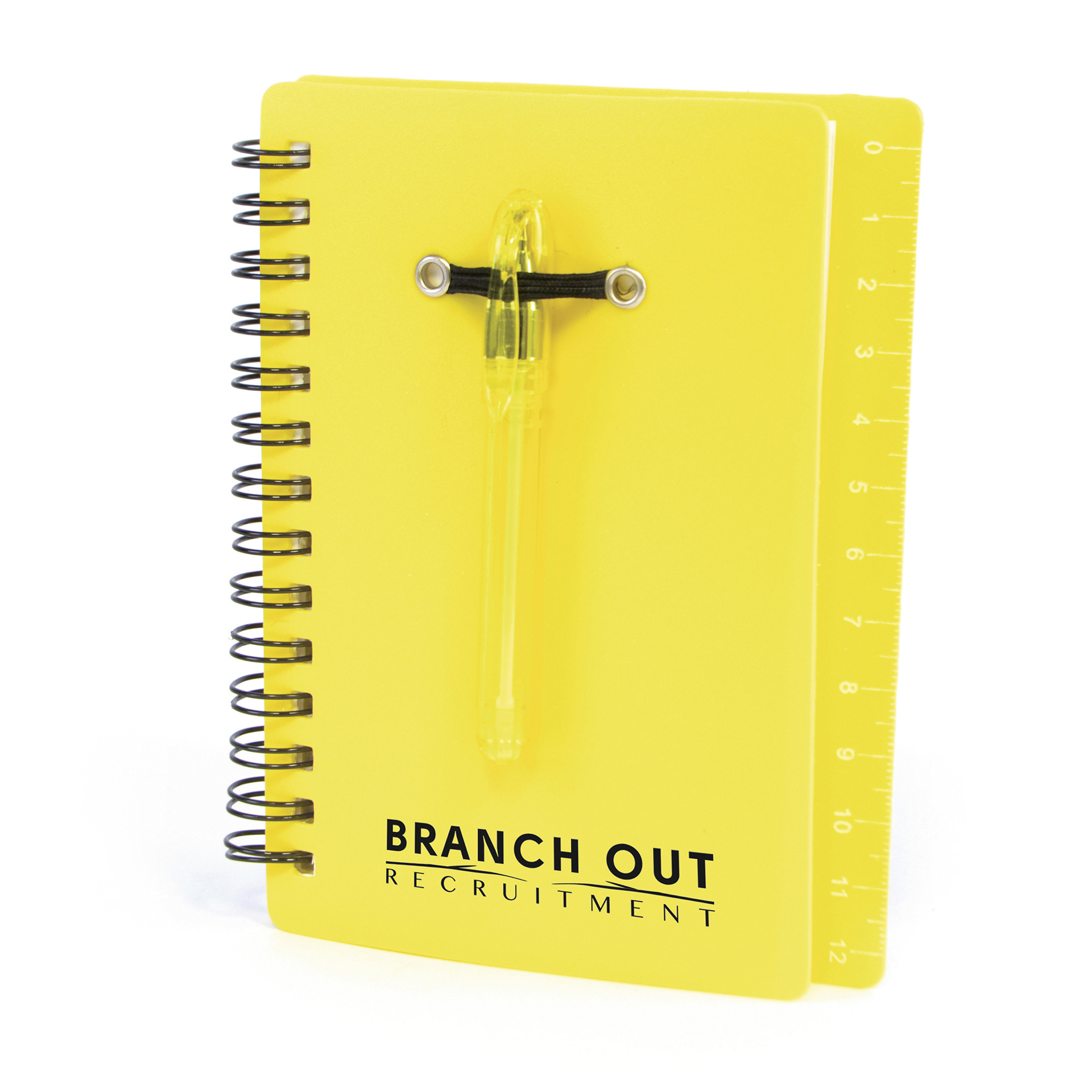 Spiral bound flexible yellow plastic covered notebook with matching ball pen with back cover ruler