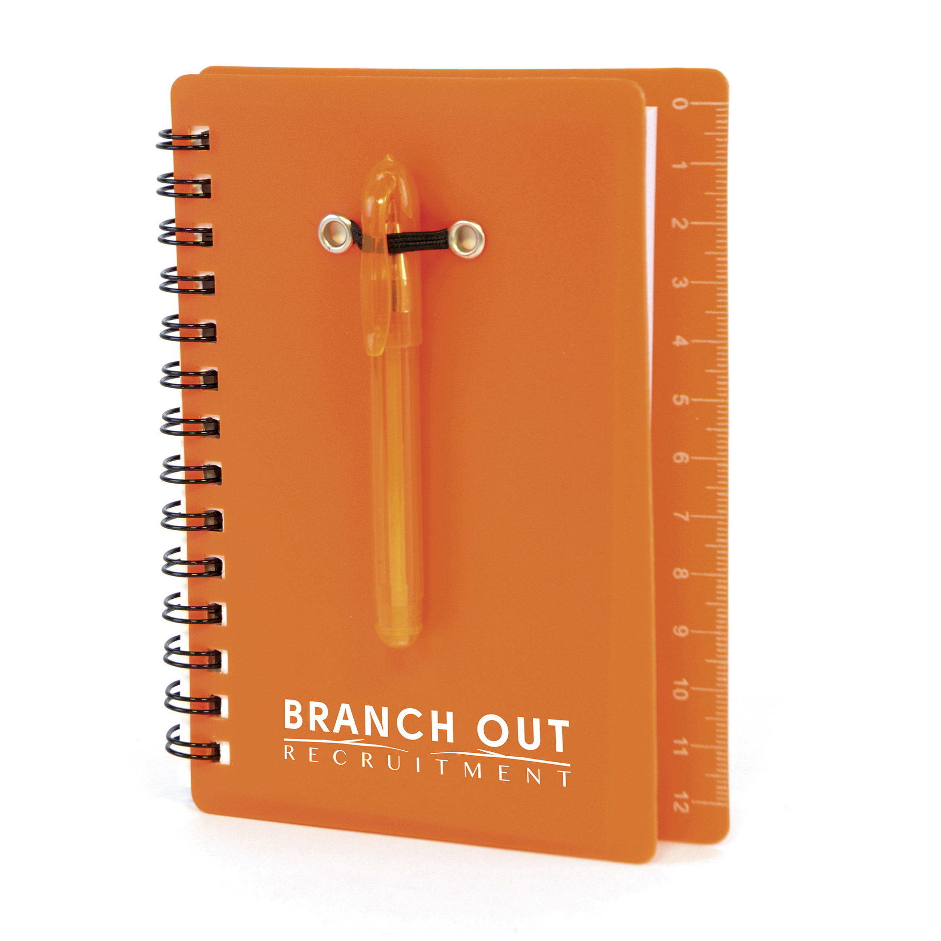 Spiral bound flexible orange plastic covered notebook with matching ball pen with back cover ruler