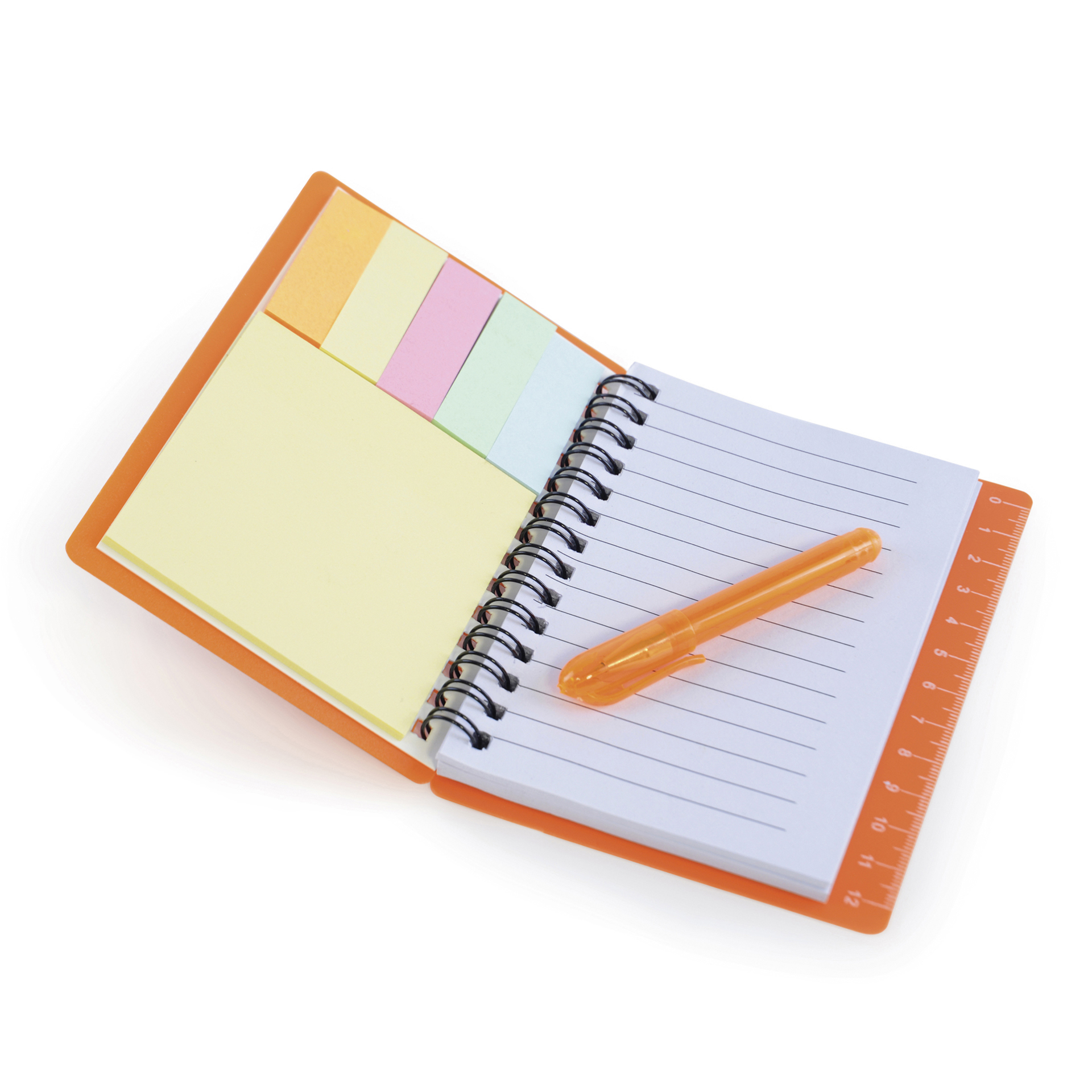 Spiral bound flexible orange plastic covered notebook with matching ball pen with flag set, sticky notes and back cover ruler