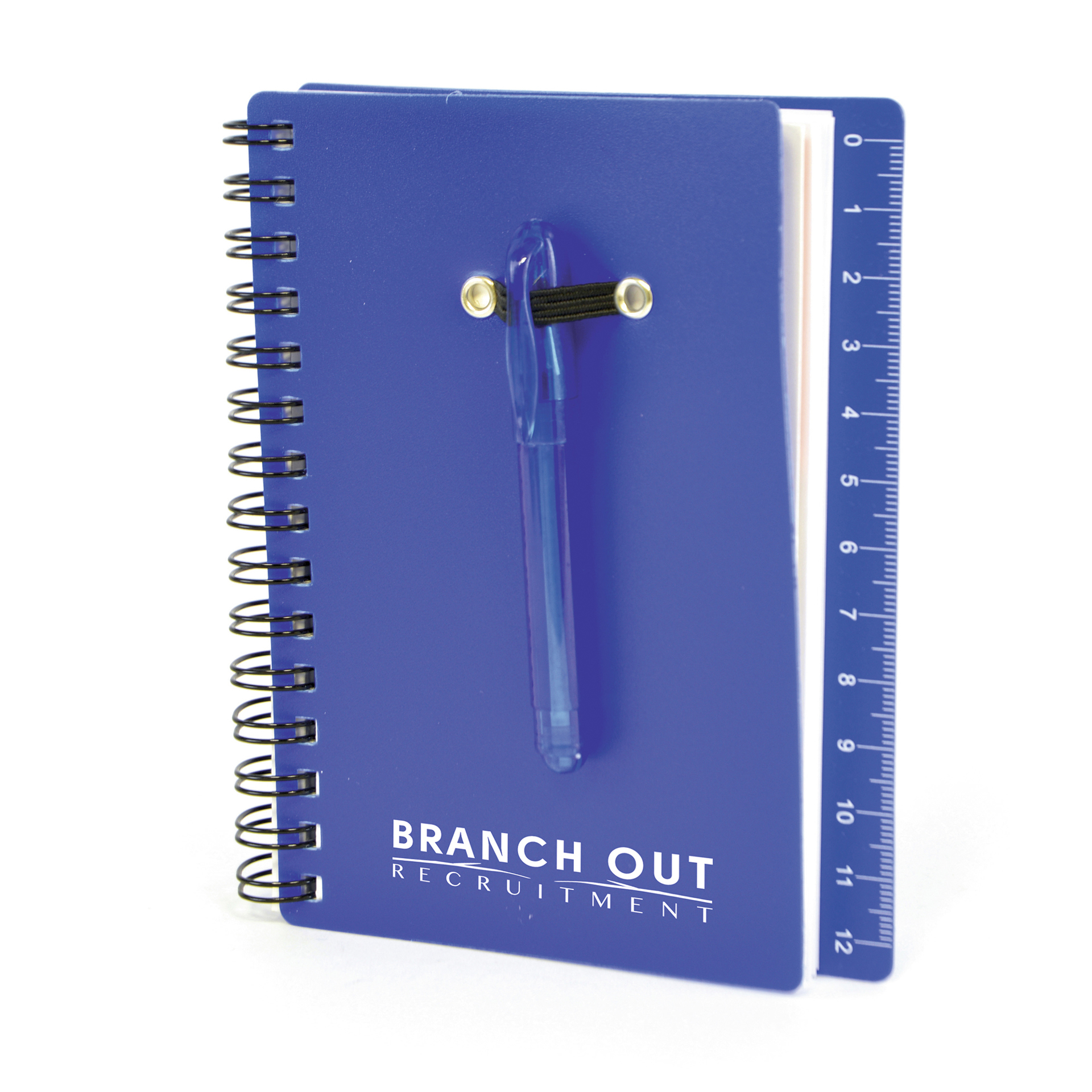 Spiral bound flexible dark blue plastic covered notebook with matching ball pen with back cover ruler