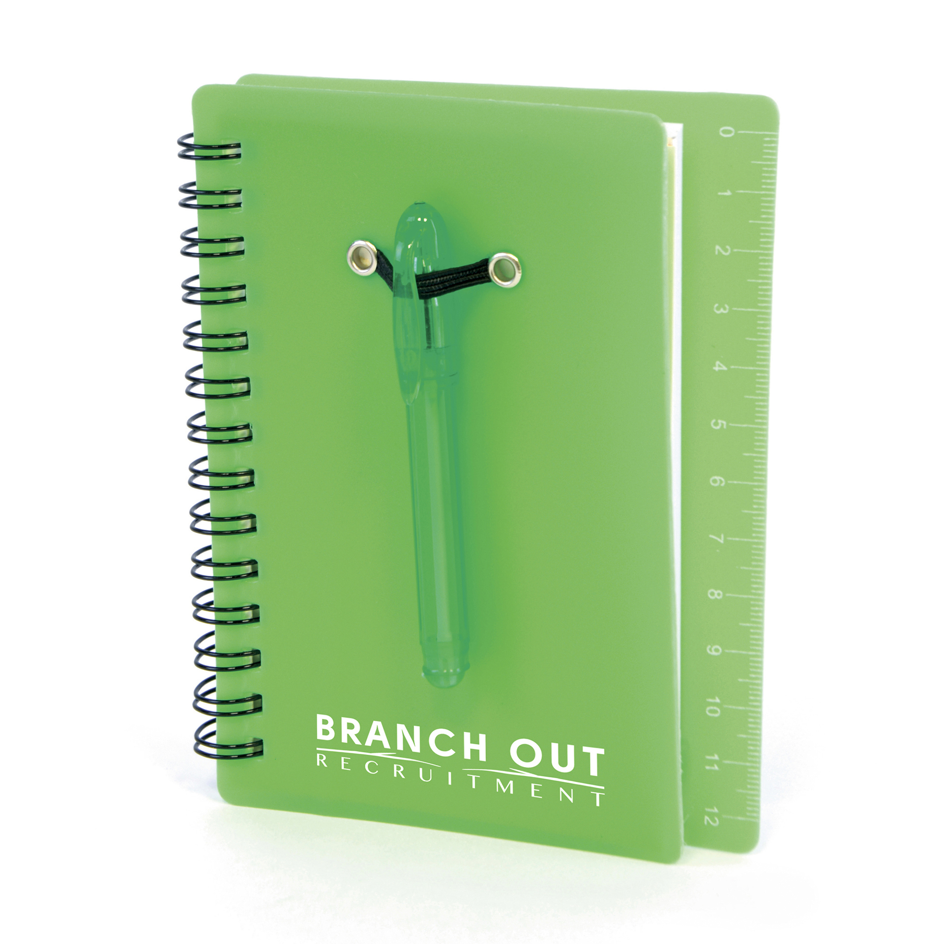 Spiral bound flexible green plastic covered notebook with matching ball pen with back cover ruler