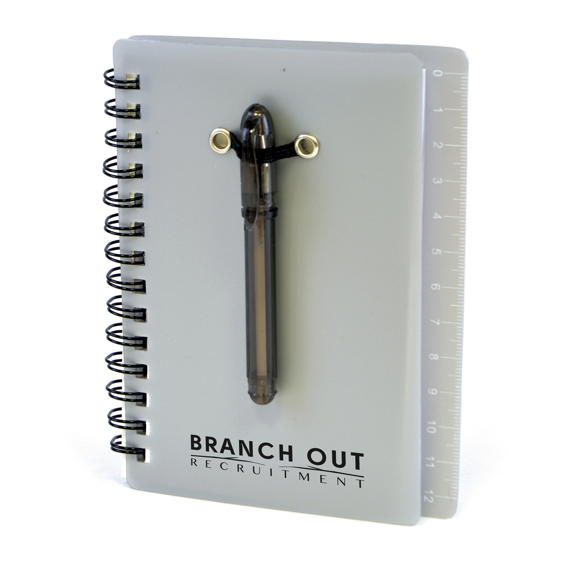 Spiral bound flexible grey plastic covered notebook with matching ball pen with back cover ruler