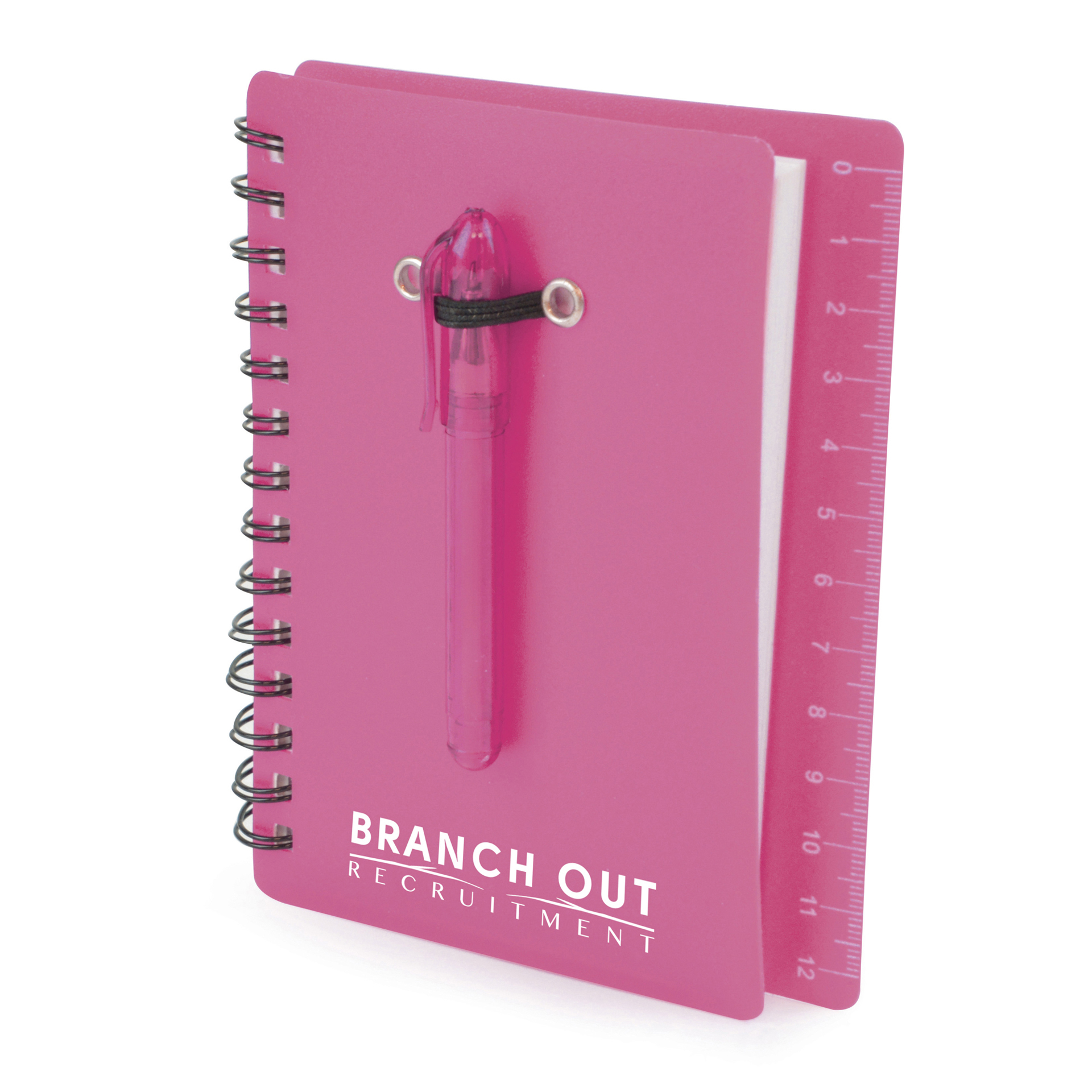Spiral bound flexible pink plastic covered notebook with matching ball pen with back cover ruler