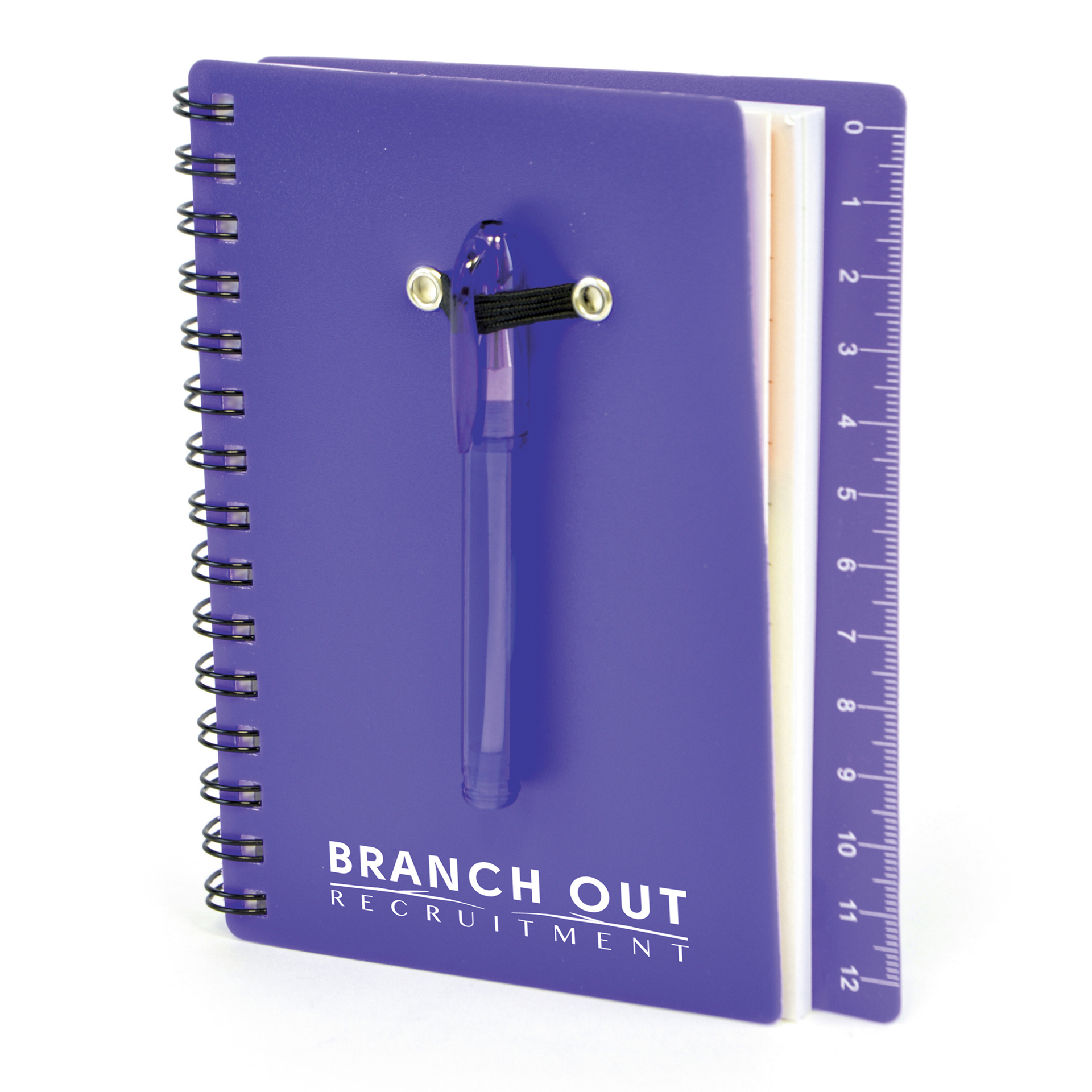 Spiral bound flexible purple plastic covered notebook with matching ball pen with back cover ruler