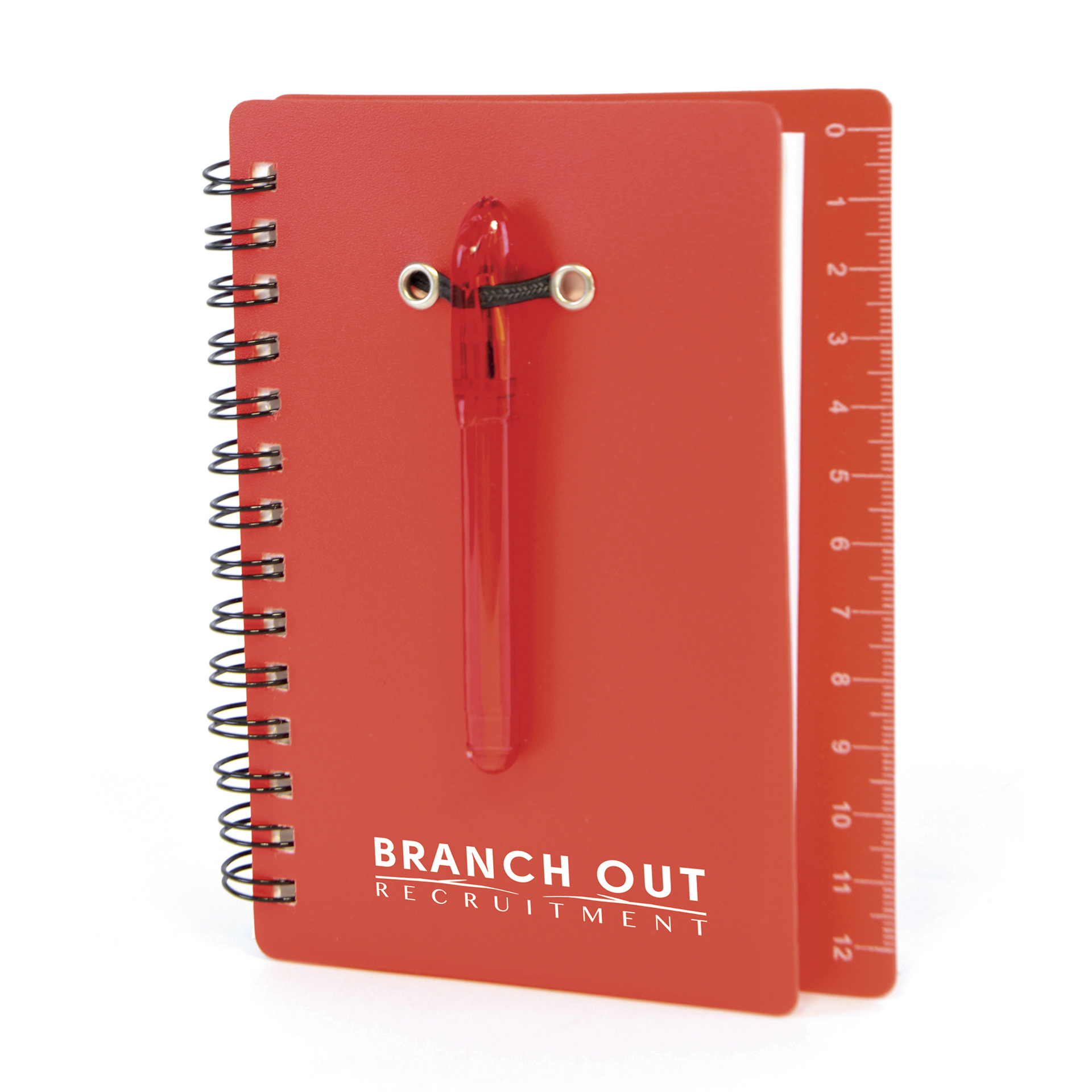 Spiral bound flexible red plastic covered notebook with matching ball pen with back cover ruler