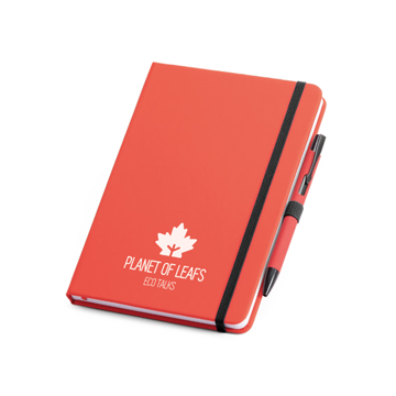 Imitation leather notebook in red with black elastic closure strap and pen loop with colour patch pen and white logo