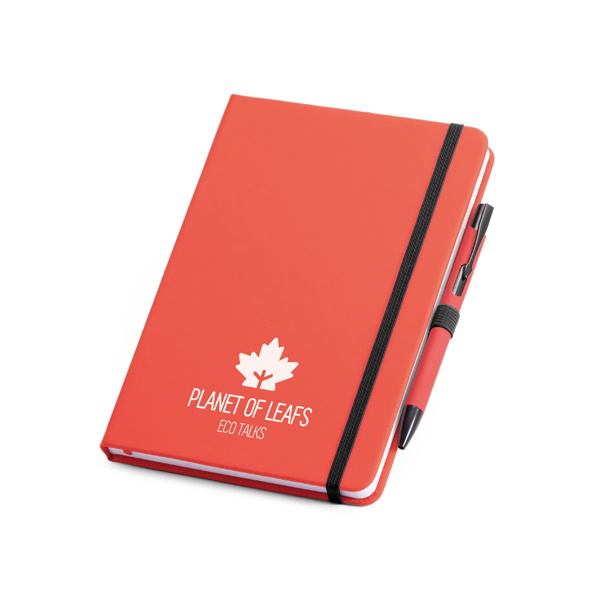 Imitation leather notebook in red with black elastic closure strap and pen loop with colour patch pen and white logo