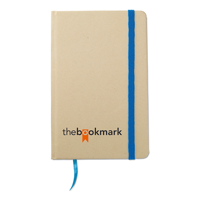 A6 evernote recycled paper notebook with blue elastic closure strap and ribbon with 2 colour print logo