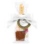Hot chocolate cube on wooden spoon, gift wrapped and branded with a printed tag