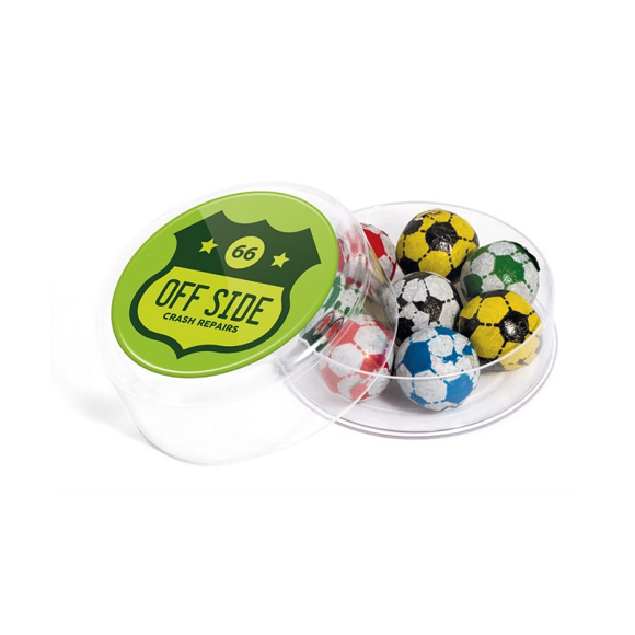 Clear pot branded with a personalised lid and filled with chocolate balls wrapped in football themed foil.