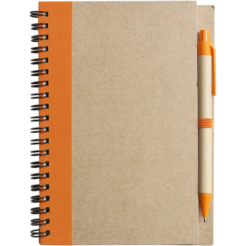 Recycled Notepad and Pen with orange trim and colour match pen