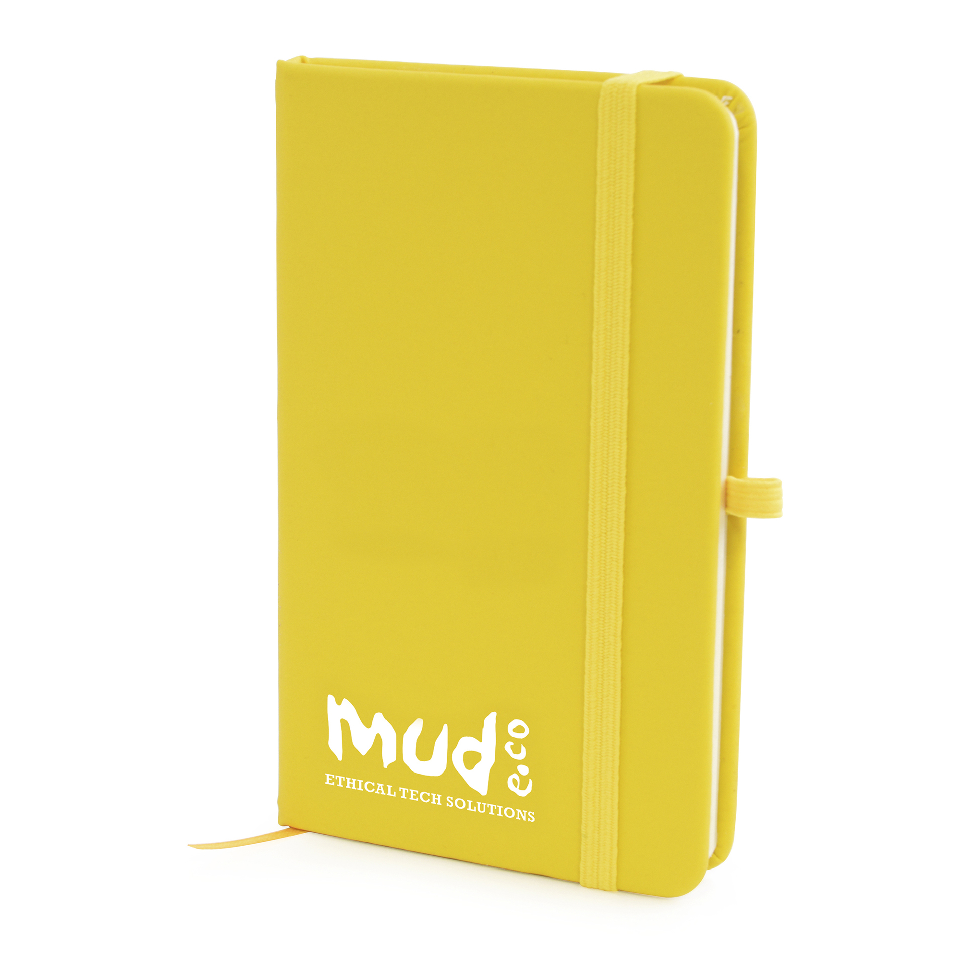 A6 Notebook in yellow with colour match elastic closure, pen loop and ribbon with 1 colour print logo
