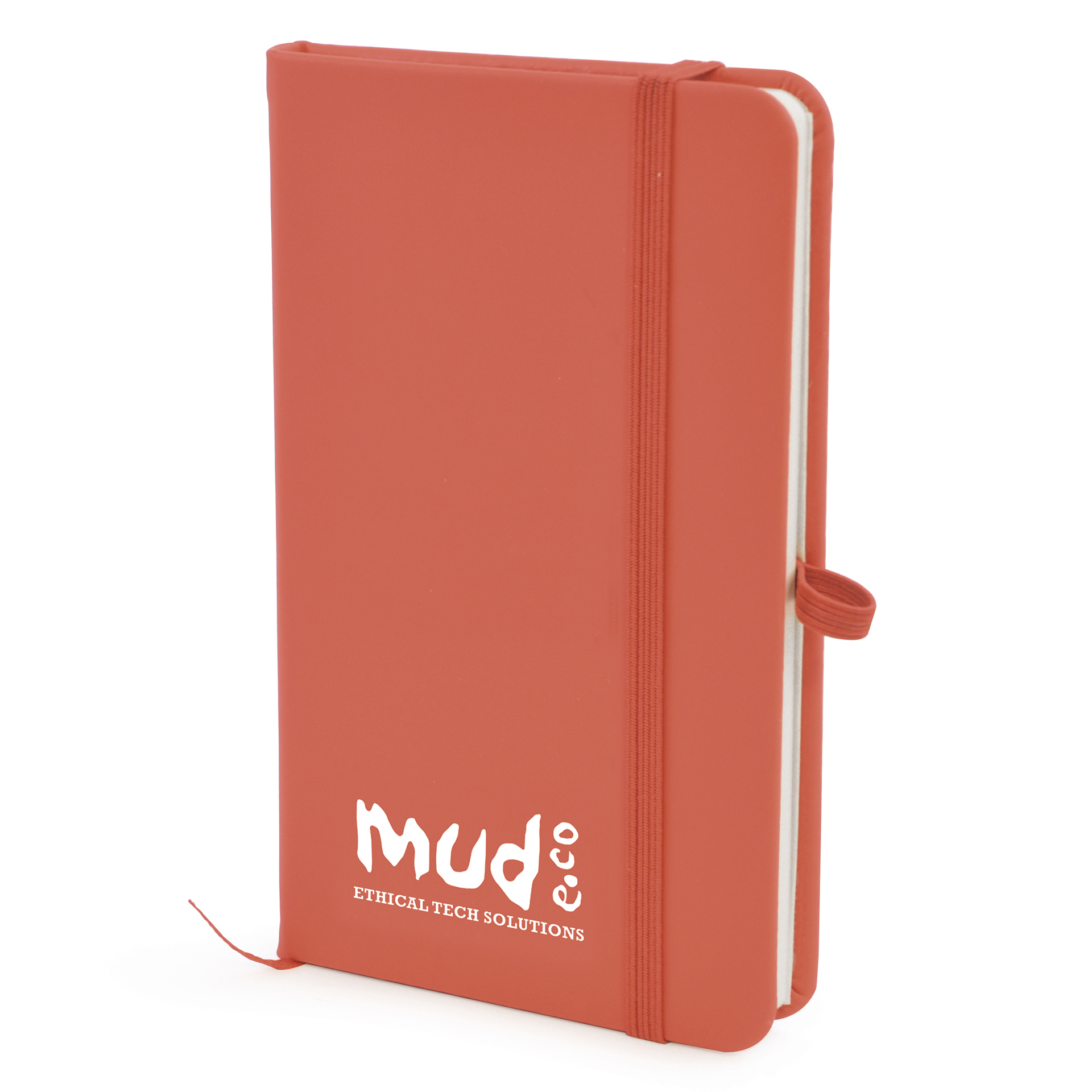 A6 Notebook in red with colour match elastic closure, pen loop and ribbon with 1 colour print logo