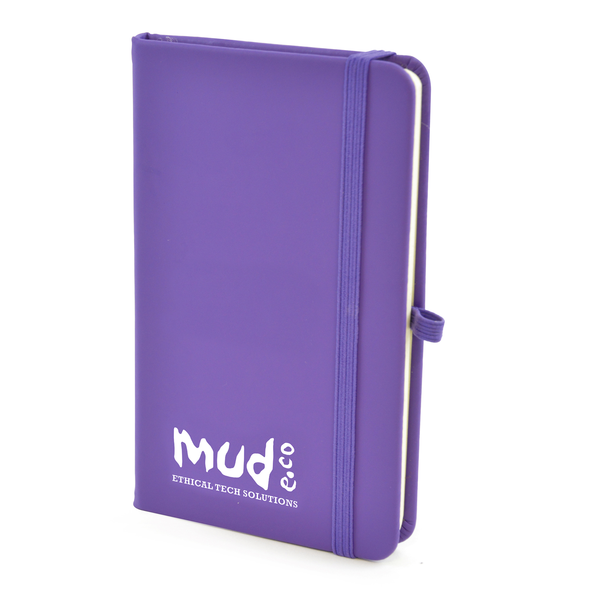 A6 Notebook in purple with colour match elastic closure, pen loop and ribbon with 1 colour print logo