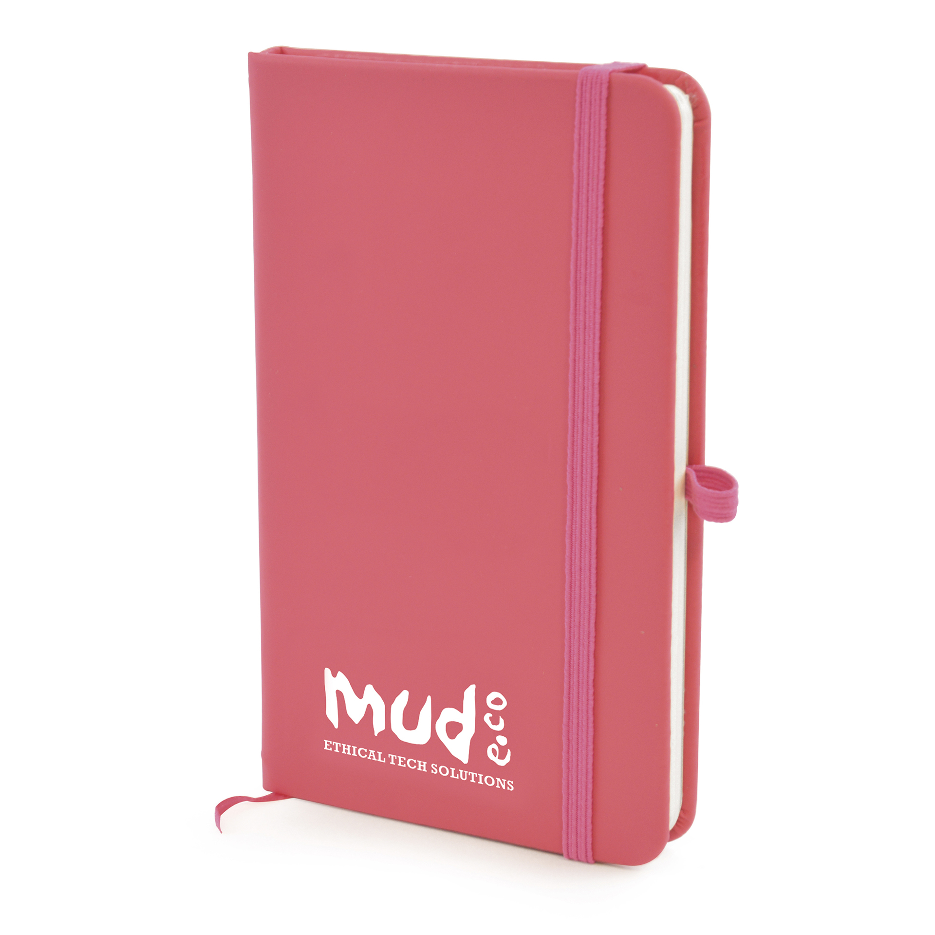 A6 Notebook in pink with colour match elastic closure, pen loop and ribbon with 1 colour print logo