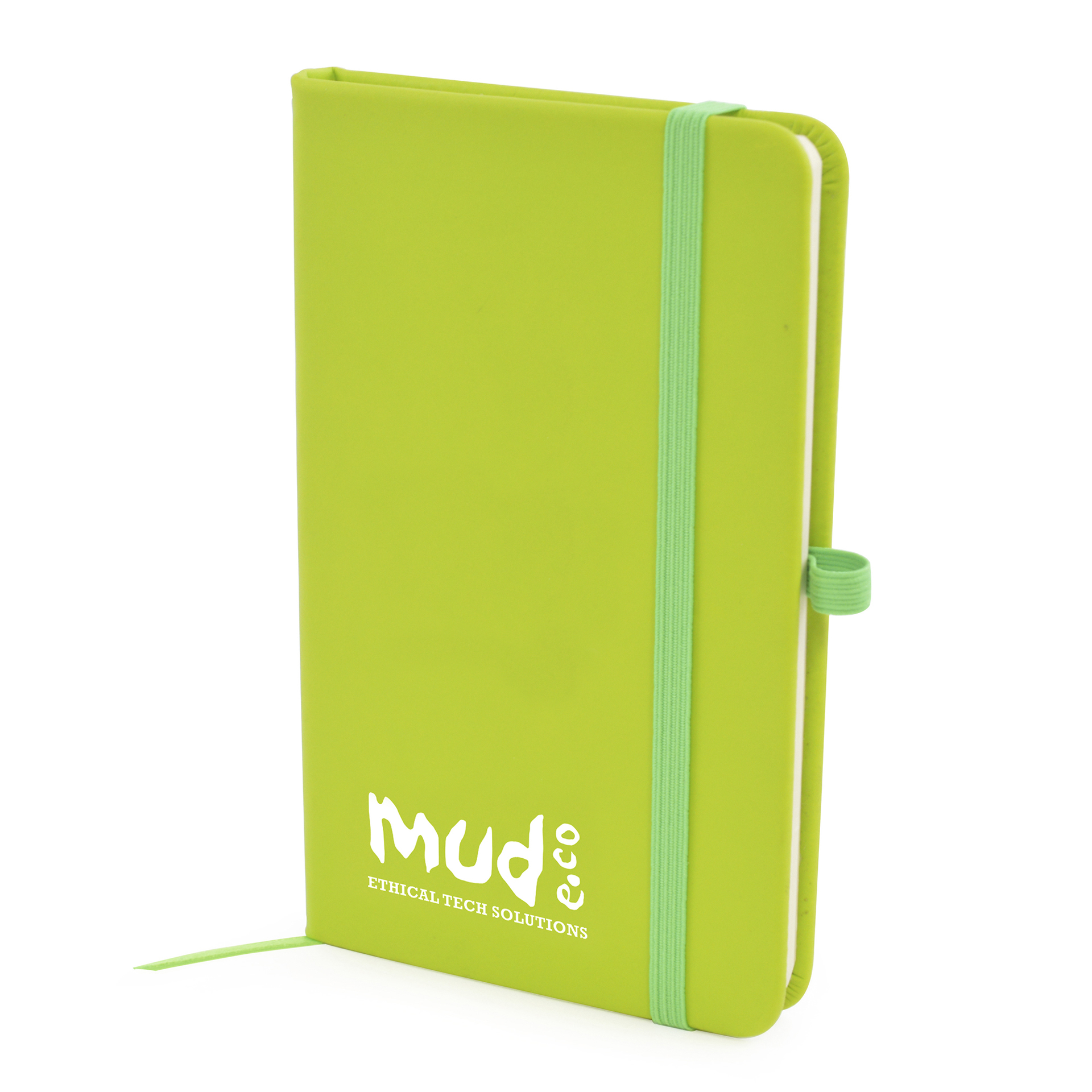 A6 Notebook in lime green with colour match elastic closure, pen loop and ribbon with 1 colour print logo