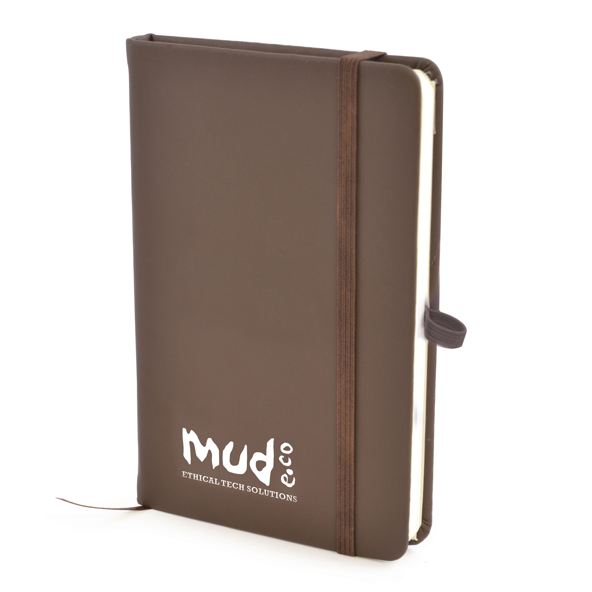 A6 Notebook in brown with colour match elastic closure, pen loop and ribbon with 1 colour print logo