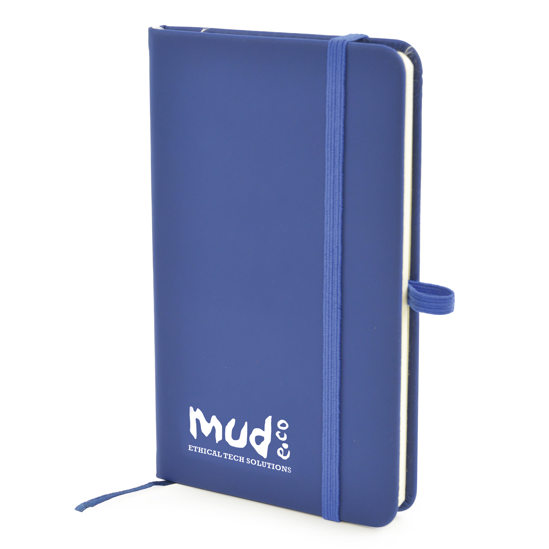 A6 Notebook in blue with colour match elastic closure, pen loop and ribbon with 1 colour print logo