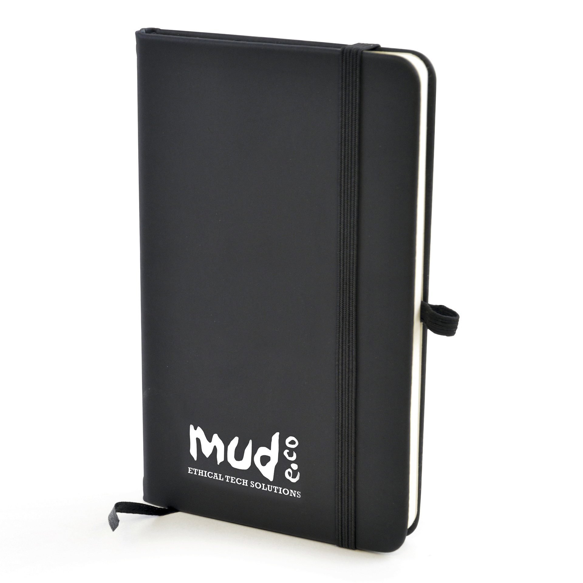 A6 Notebook in black with colour match elastic closure, pen loop and ribbon with 1 colour print logo