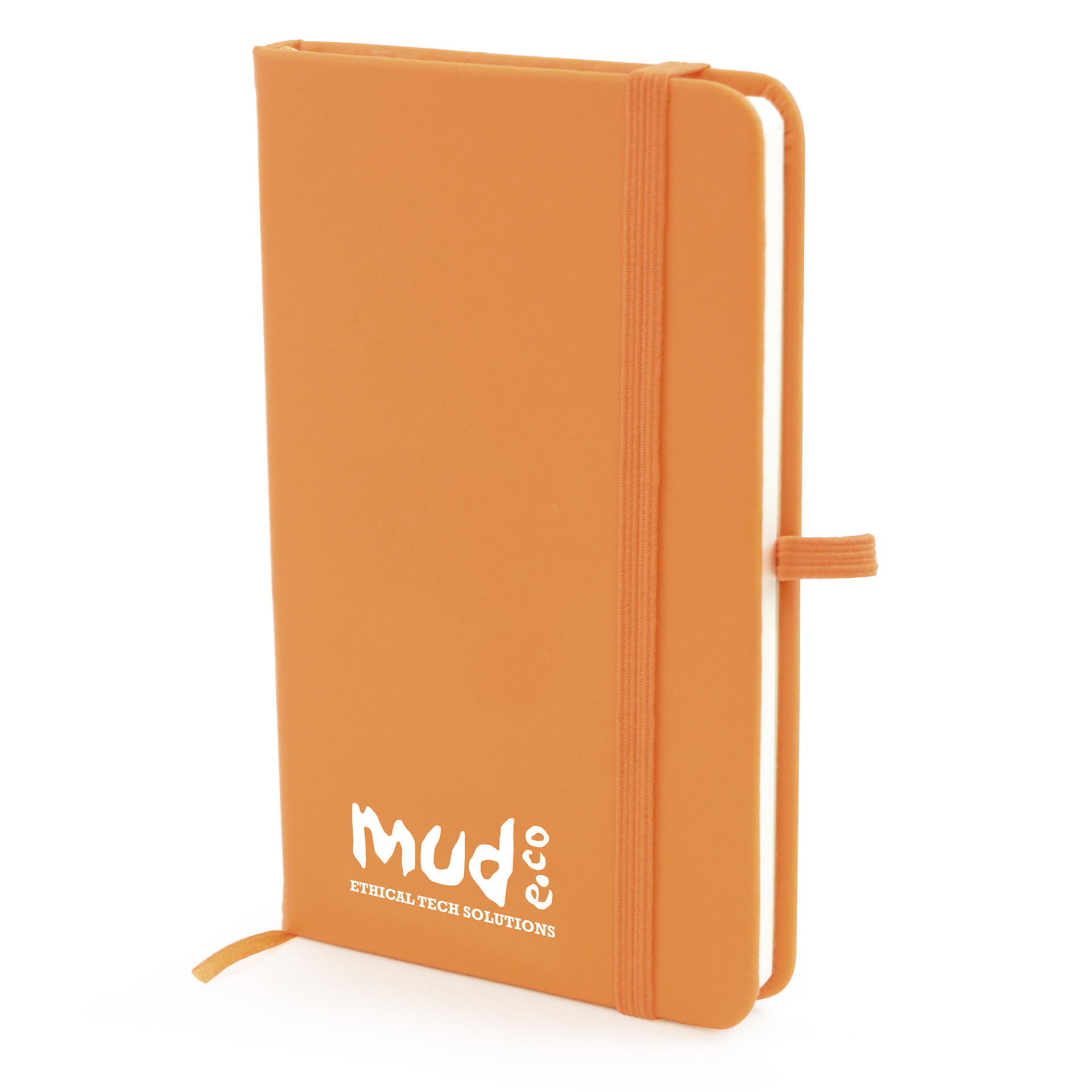 A6 Notebook in orange with colour match elastic closure, pen loop and ribbon with 1 colour print logo