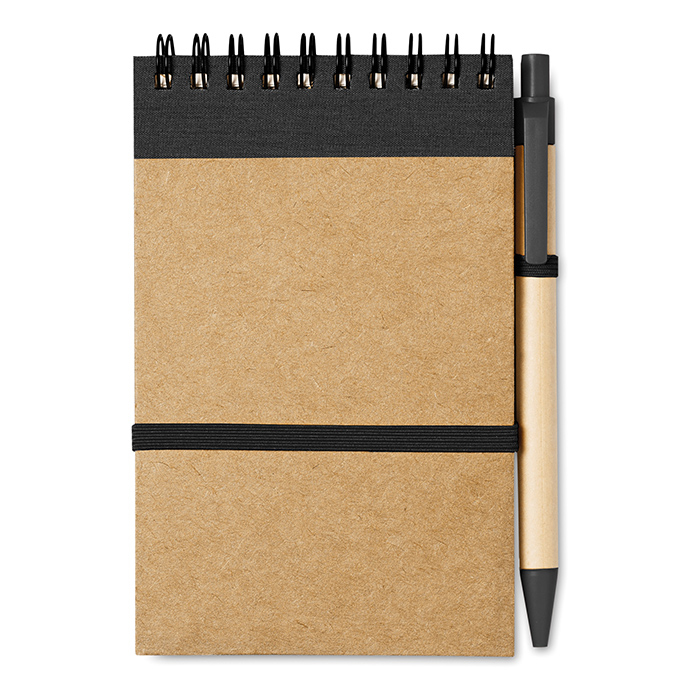 A6 Sonora recycled notebook with wire binding and black coloured trim with colour matching pens and coloured elastic closure strap, pen loop and recycled ball pen with biodegradable plastic parts