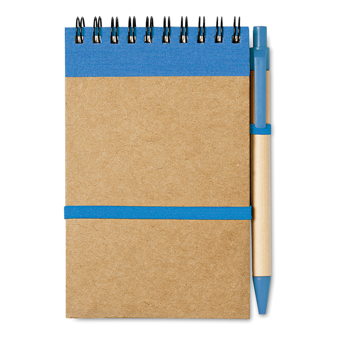 A6 Sonora recycled notebook with wire binding and blue coloured trim with colour matching pens and coloured elastic closure strap, pen loop and recycled ball pen with biodegradable plastic parts