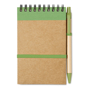 A6 Sonora recycled notebook with wire binding and green coloured trim with colour matching pens and coloured elastic closure strap, pen loop and recycled ball pen with biodegradable plastic parts