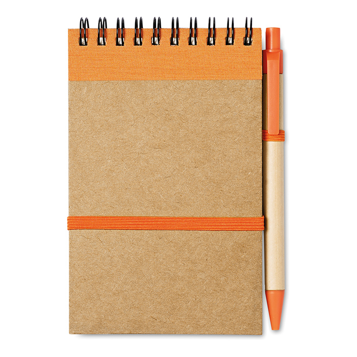 A6 Sonora recycled notebook with wire binding and orange coloured trim with colour matching pens and coloured elastic closure strap, pen loop and recycled ball pen with biodegradable plastic parts