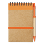 A6 Sonora recycled notebook with wire binding and orange coloured trim with colour matching pens and coloured elastic closure strap, pen loop and recycled ball pen with biodegradable plastic parts