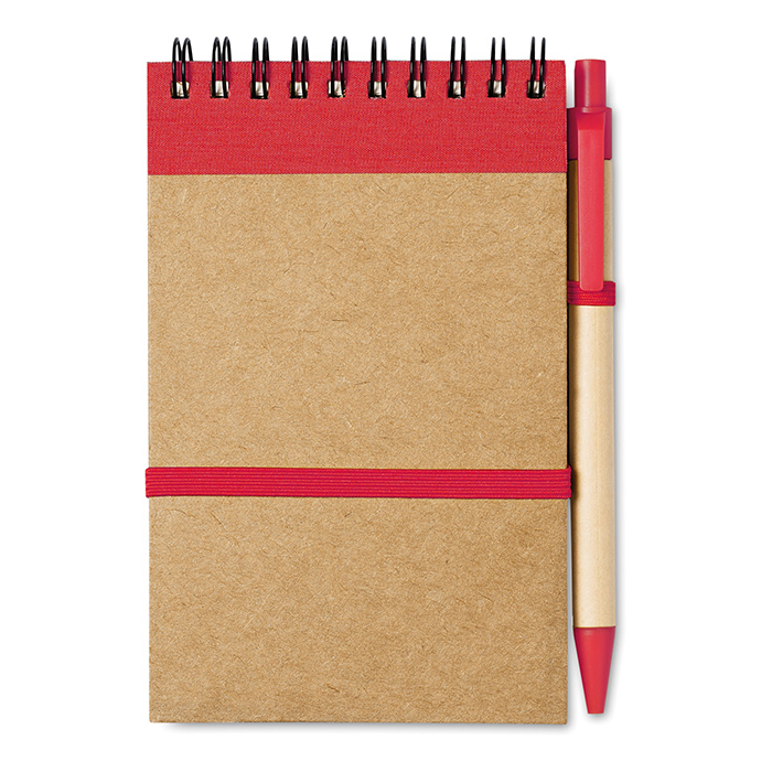 A6 Sonora recycled notebook with wire binding and red coloured trim with colour matching pens and coloured elastic closure strap, pen loop and recycled ball pen with biodegradable plastic parts