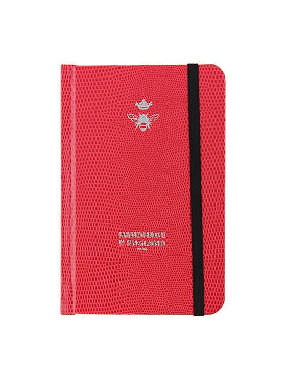 Will Bees Pocket Notebook in red with black elastic closure strap and silver embossed logo