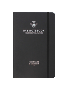 Will Bees Quarto Notebook in black with black elastic closure strap and silver embossed logo