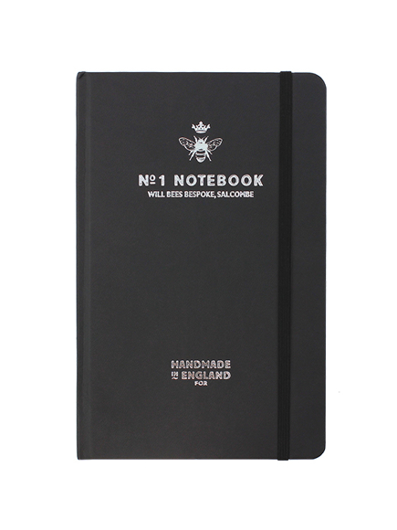 Will Bees Quarto Notebook in black with black elastic closure strap and silver embossed logo