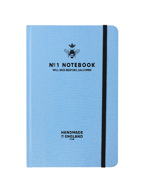 Will Bees Quarto Notebook in blue with black elastic closure strap and black embossed logo