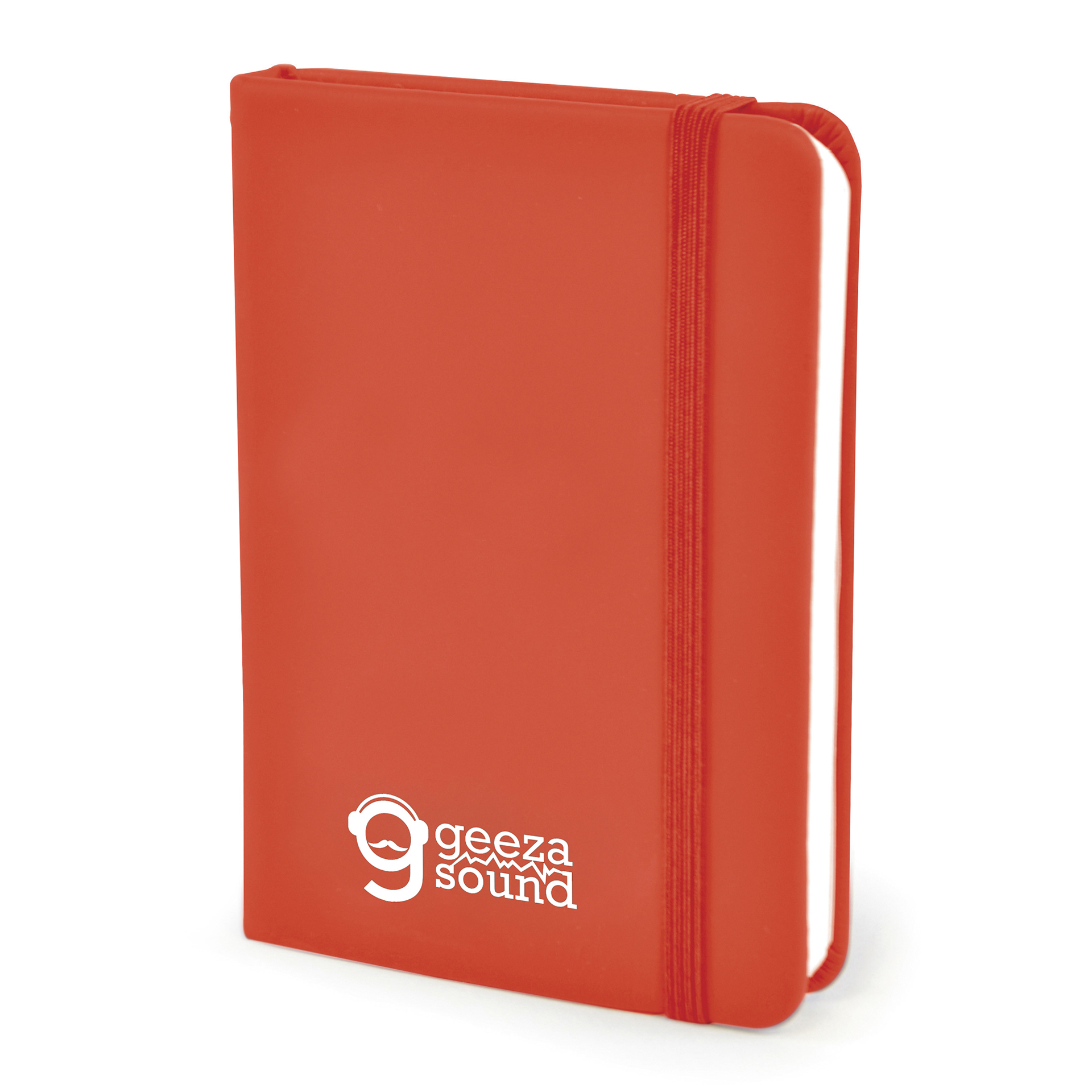 A7 Notebook in red with colour match book mark, pen loop and elastic closure strap and 1 colour print logo