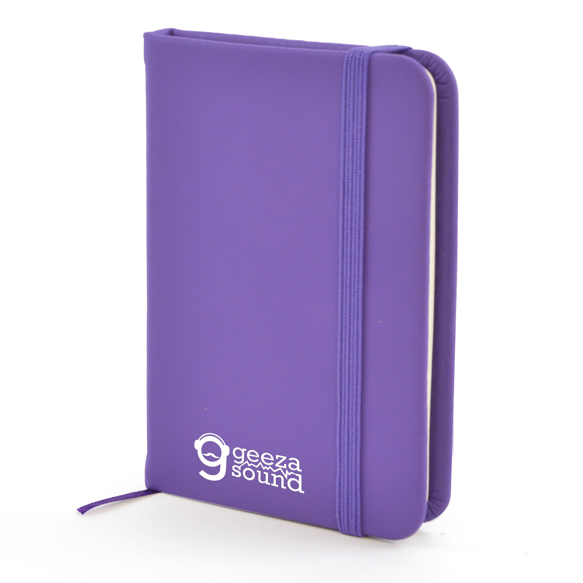 A7 Notebook in purple with colour match book mark, pen loop and elastic closure strap and 1 colour print logo
