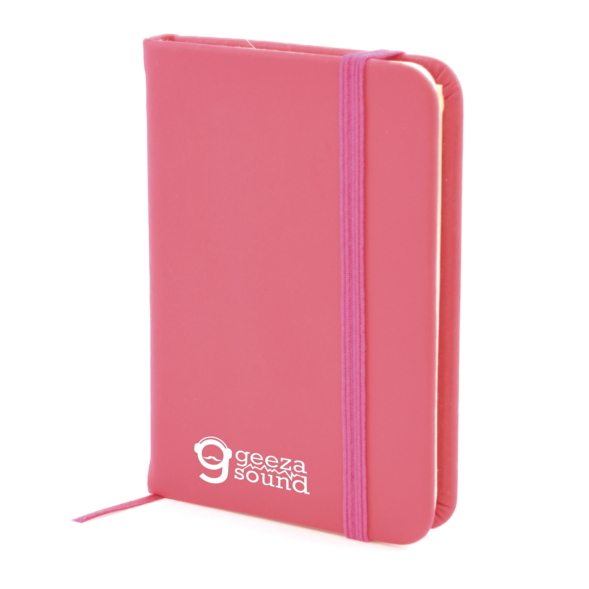 A7 Notebook in pink with colour match book mark, pen loop and elastic closure strap and 1 colour print logo