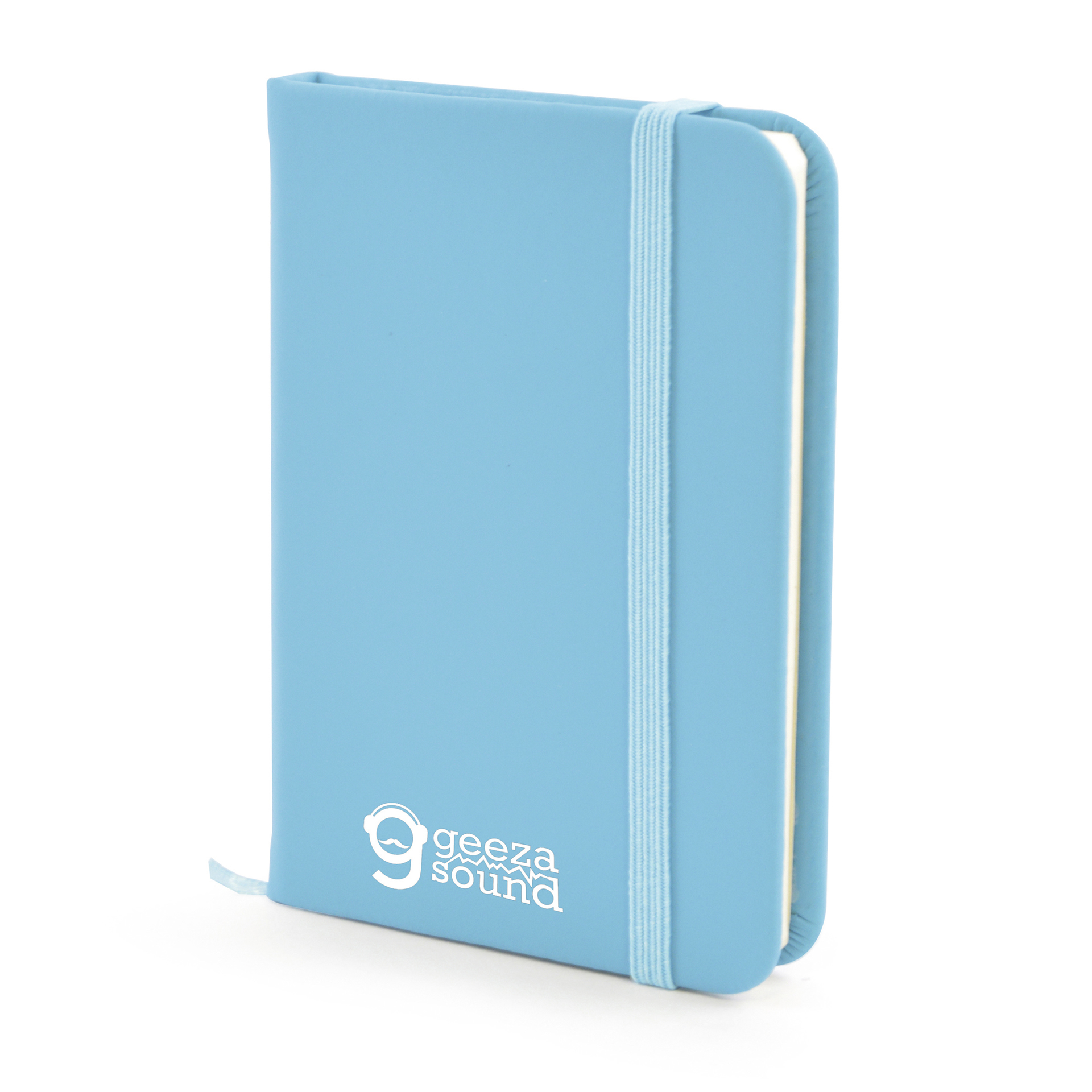 A7 Notebook in light blue with colour match book mark, pen loop and elastic closure strap and 1 colour print logo