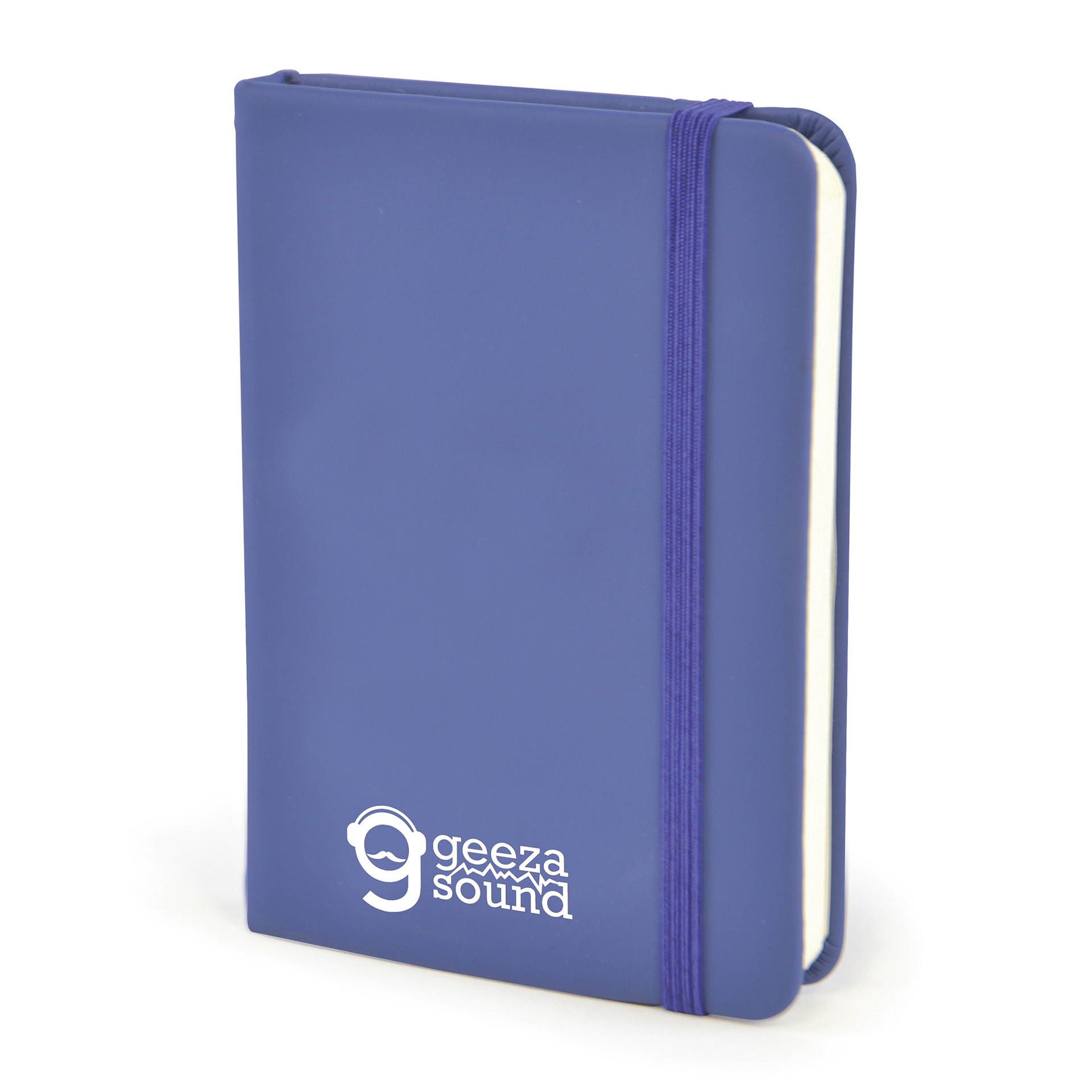 A7 Notebook in blue with colour match book mark, pen loop and elastic closure strap and 1 colour print logo