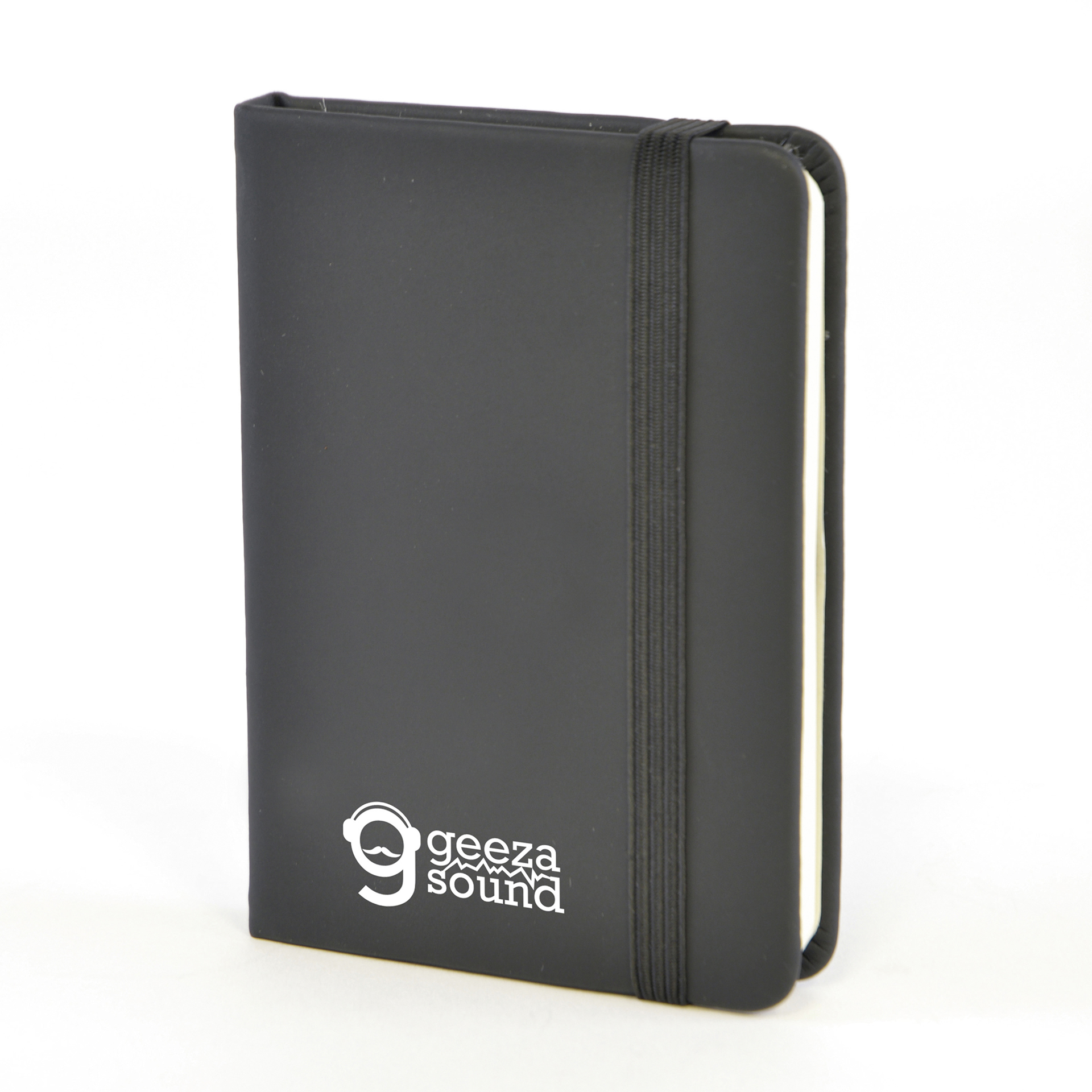 A7 Notebook in black with colour match book mark, pen loop and elastic closure strap and 1 colour print logo