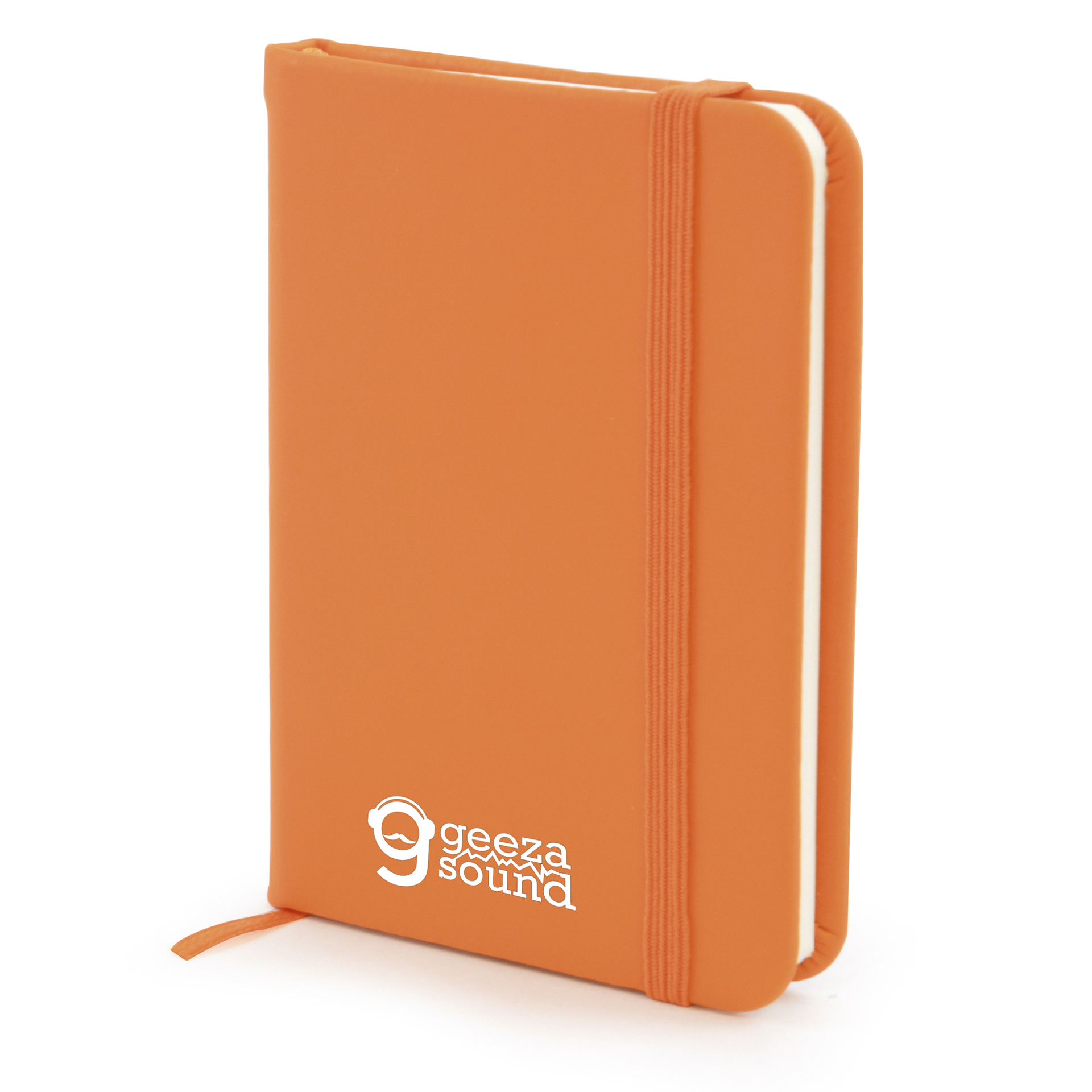 A7 Notebook in orange with colour match book mark, pen loop and elastic closure strap and 1 colour print logo