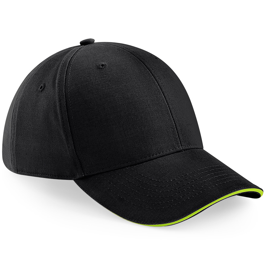 Athleisure 6 Panel Cap in black with lime green trim