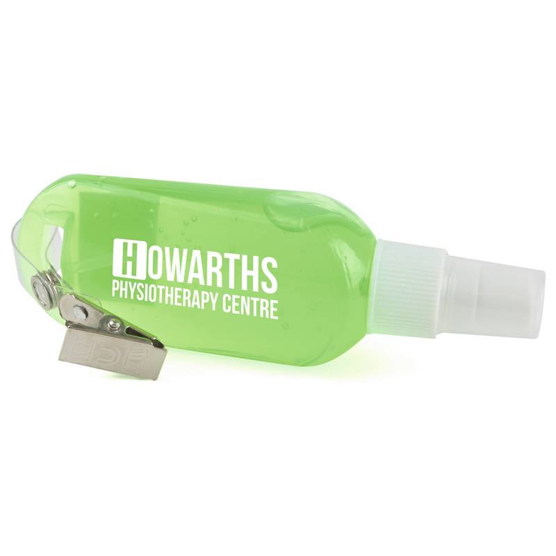 Clip Hand Sanitiser in green with 1 colour print logo