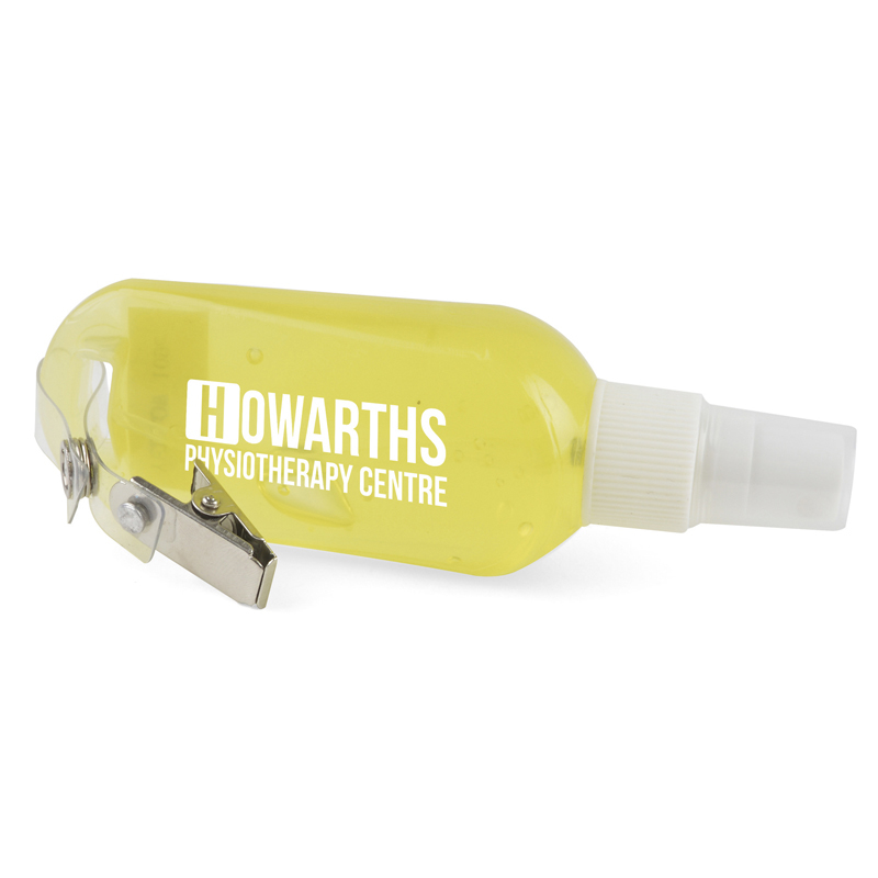 Clip Hand Sanitiser in yellow with 1 colour print logo