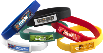 Domed Silicone Wristbands in blue, black, red, green, yellow and white with full colour print