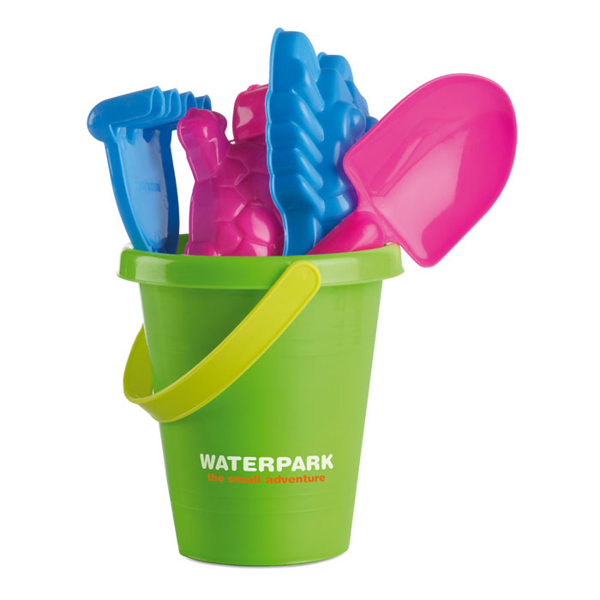 Sandy green bucket with 2 colour print logo with pink and blue tools